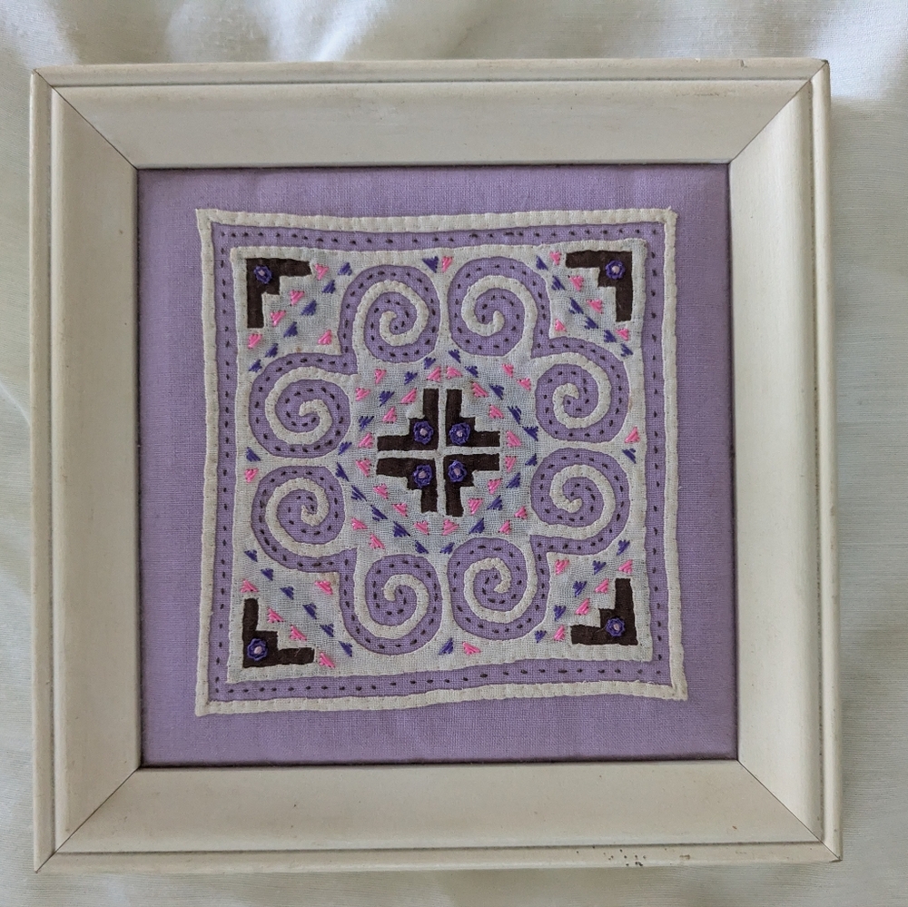 Gorgeous Hmong Purple and White Framed Embroidered Art